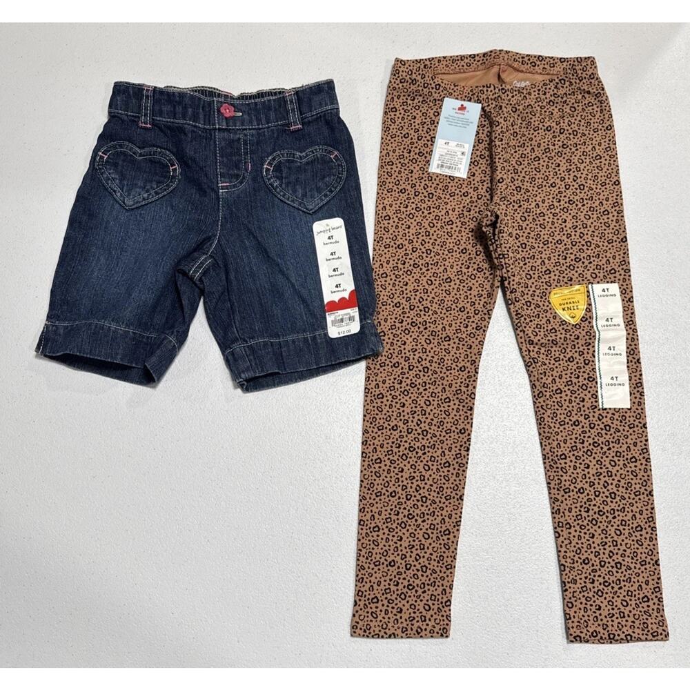 Toddler Girls 4T Jumping Beans Denim Shorts & Cat and Jack Leopard Legging Lot 2